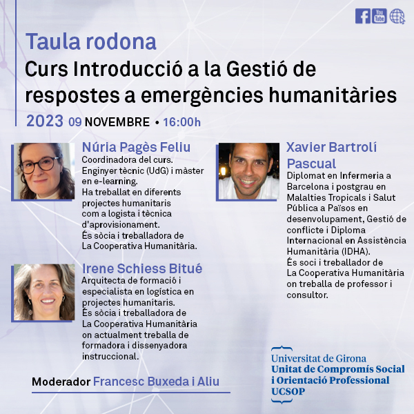 DIRECTE - 7 NOV 2024 - 16h, UCSOP. Taula rodona: Gestió de respostes a emergències humanitàries